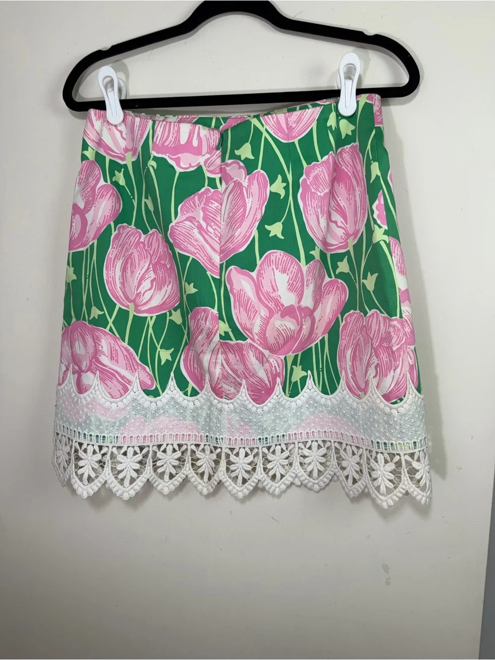 Lilly Pulitzer Pink Green Vintage Floral Tulips Lace Trim Cottagecore Skirt Sz 6